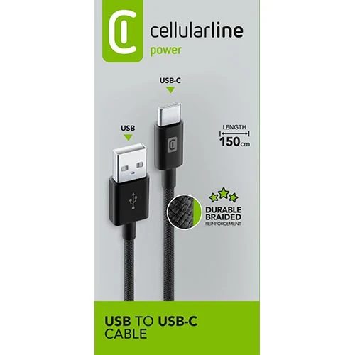 Cabo Entrançado Cellular Line Power USB para USB-C 1.5m - Preto