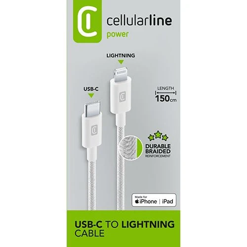 Cabo Entrançado MFI Cellular Line Power USB-C para Lightning 1.5m - Branco