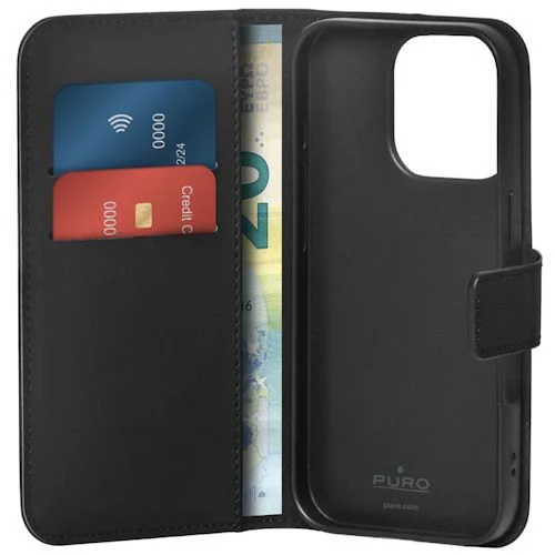 Capa Destacável Puro Wallet em Pele para iPhone 16 Pro Max - Preta