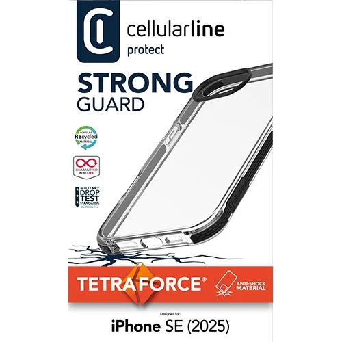 Capa MagSafe Cellular Line Protect Tetra Force Strong Guard para iPhone 17e / 16e - Transparente / Preta
