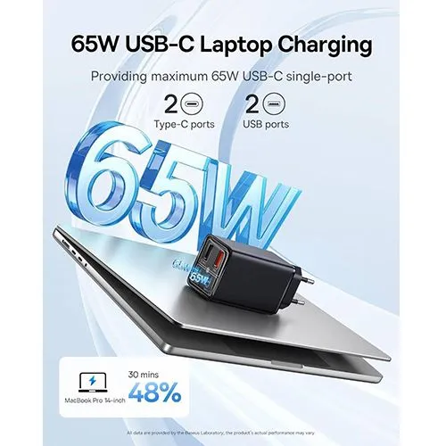 Carregador Baseus 65W GaN6 Pro 2 x USB + 2 x USB-C + Cabo USB-C 1m- Preto