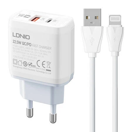 CARREGADOR DE PAREDE LDNIO A2421C USB, USB-C 22,5W + CABO LIGHTNI