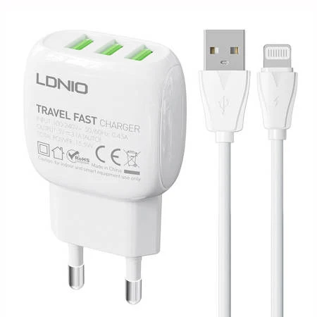 CARREGADOR DE PAREDE LDNIO A3315 3USB + CABO LIGHTNING