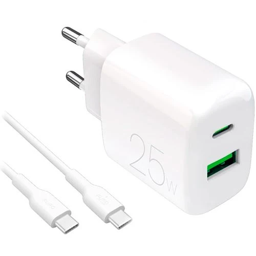 Carregador 2x USB- / USB-C Puro Prolite 25W + Cabo USB-C | 1,2 M - Branco