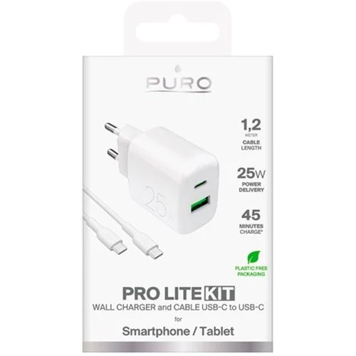 Carregador 2x USB- / USB-C Puro Prolite 25W + Cabo USB-C | 1,2 M - Branco