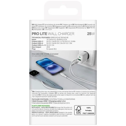 Carregador 2x USB- / USB-C Puro Prolite 25W + Cabo USB-C | 1,2 M - Branco