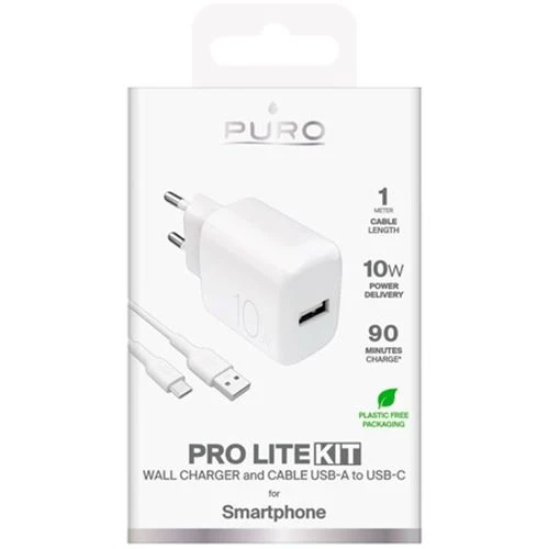 Carregador USB-C Puro Prolite 10W + Cabo USB- / USB-C | 1,2 M - Branco