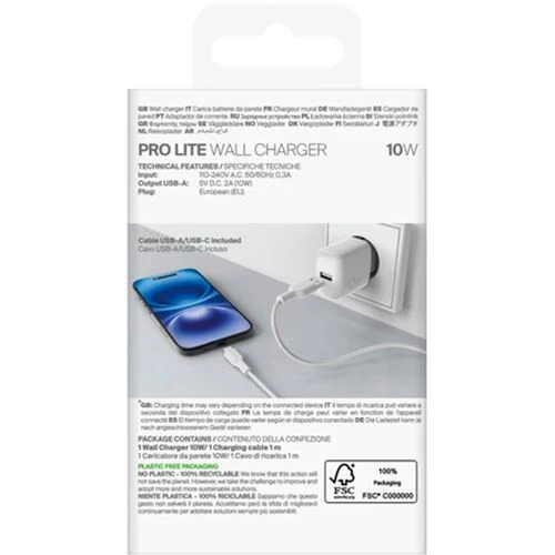 Carregador USB-C Puro Prolite 10W + Cabo USB- / USB-C | 1,2 M - Branco