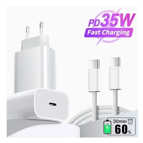 Kit Base Carregador Type C Fastcharge 35W + Cabo de Carga 60W Type C 1m PHONECARE Para Apple iPhone 16 Plus - Branco