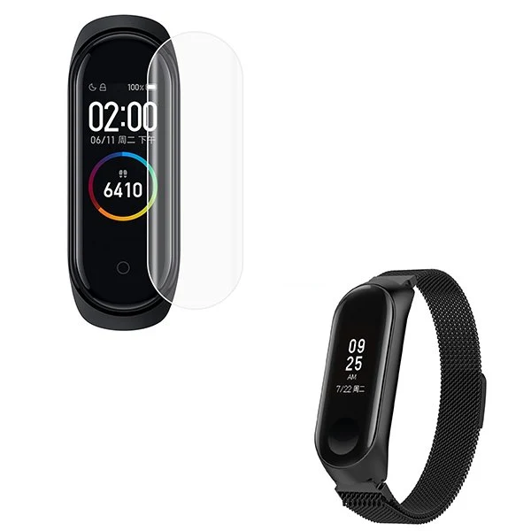 Kit Bracelete Milanese Loop Fecho Magnético + Película Protectora Ecrã Gel Full Cover para Xiaomi Mi Band 6 / Mi Smart Ban...