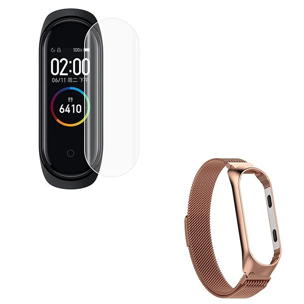 Kit Bracelete Milanese Loop Fecho Magnético + Película Protectora Ecrã Gel Full Cover para Xiaomi Mi Band 6 / Mi Smart Ban...