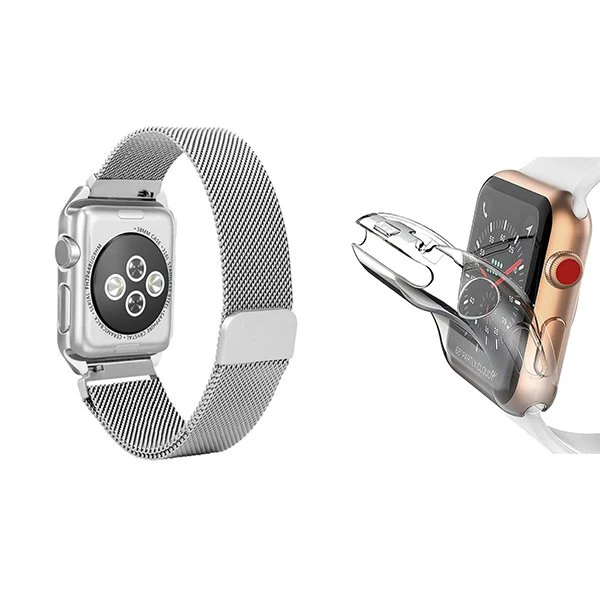 Kit Bracelete Milanese Loop Fecho Magnético + Capa 360° Impact Protection para Apple Watch Series 10 - 46mm - Cinza / Tran...