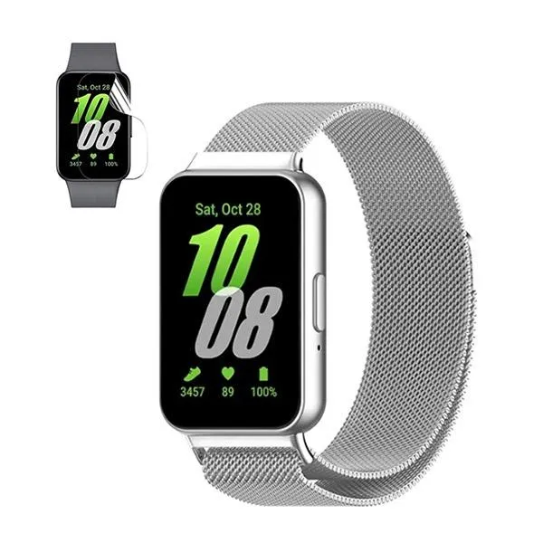 Kit Bracelete Milanese Loop Fecho Magnético + Película de Gel Full Cover para Samsung Galaxy Fit3 - Prata / Transparente