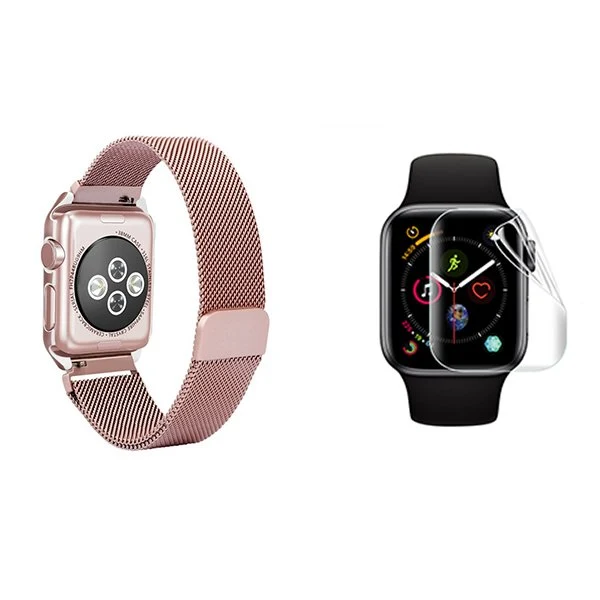 Kit Bracelete Milanese Loop Fecho Magnético + Película de Gel Full Cover para Xiaomi Watch S1 - Rosa / Transparente