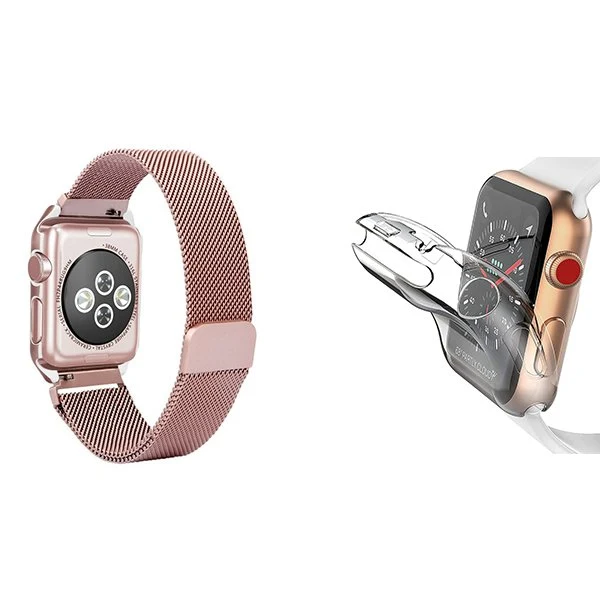 Kit Bracelete Milanese Loop Fecho Magnético + Capa 360° Impact Protection para Apple Watch Series 10 - 42mm - Rosa / Trans...