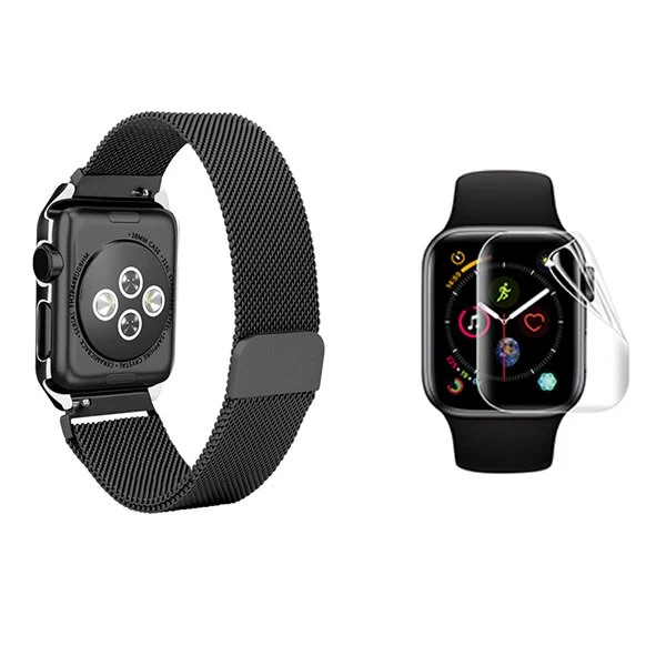 Kit Bracelete Milanese Loop Fecho Magnético + Película de Gel Full Cover para Apple Watch Series 10 - 46mm - Preto / Trans...