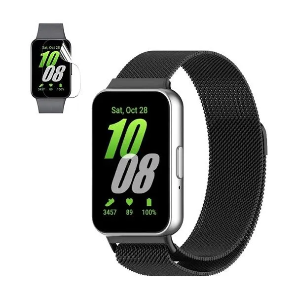 Kit Bracelete Milanese Loop Fecho Magnético + Película de Gel Full Cover para Samsung Galaxy Fit3 - Preto / Transparente
