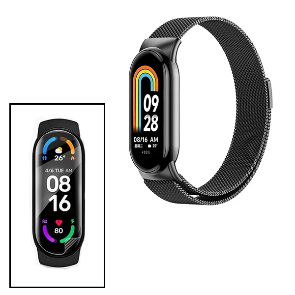 Kit Bracelete Milanese Loop Fecho Magnético + Película Protectora Ecrã Gel Full Cover para Xiaomi Smart Band 9 - Preto