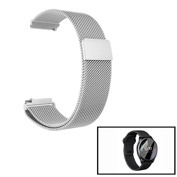 Kit Bracelete Milanese Loop Fecho Magnético + Película Protectora Ecrã Gel Full Cover para OnePlus Watch - Cinza