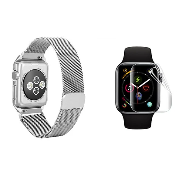 Kit Bracelete Milanese Loop Fecho Magnético + Película de Gel Full Cover para Apple Watch Series 10 - 42mm - Cinza / Trans...