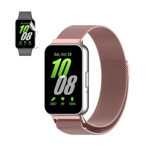 Kit Bracelete Milanese Loop Fecho Magnético + Película de Gel Full Cover para Samsung Galaxy Fit3 40mm - Rosa / Transparente