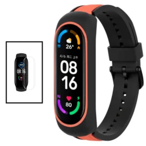 Kit Bracelete SmoothSilicone Premium Com Fivela + Película de Hydrogel para Xiaomi Mi Band 6 - Preto Laranja
