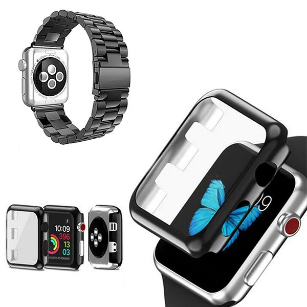 Kit Bracelete ço Stainless Lux + Ferramenta + Capa Anti-Impacto para Apple Watch Series 10 - 42mm - Preto / Transparente
