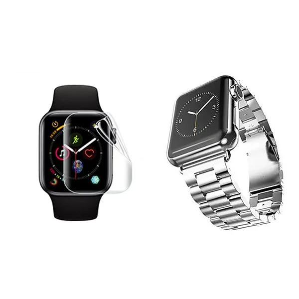 Kit Bracelete ço Stainless Lux + Ferramenta + Película de Gel Full Cover para Apple Watch Edition Series 7 - 41mm - Cinza