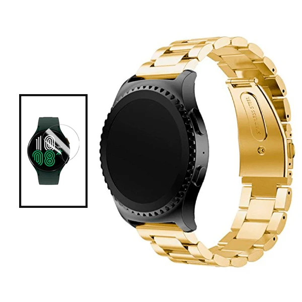 Kit Bracelete ço Stainless Lux + Ferramenta + Película de Gel Full Cover para Realme Watch 2 - Ouro / Transparente