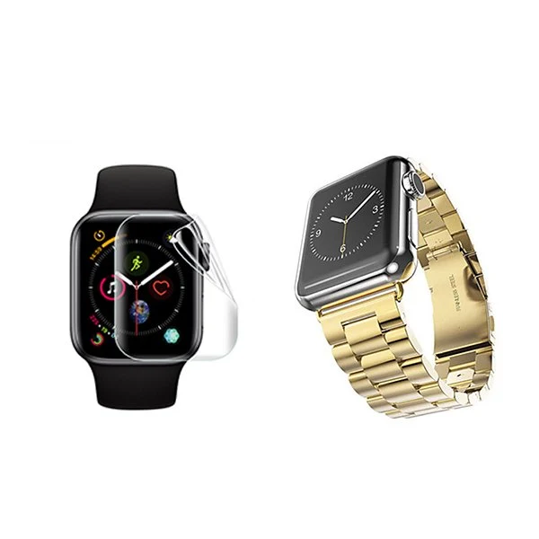 Kit Bracelete ço Stainless Lux + Ferramenta + Película de Gel Full Cover para Apple Watch Series 11 - 42mm - Ouro / Transp...