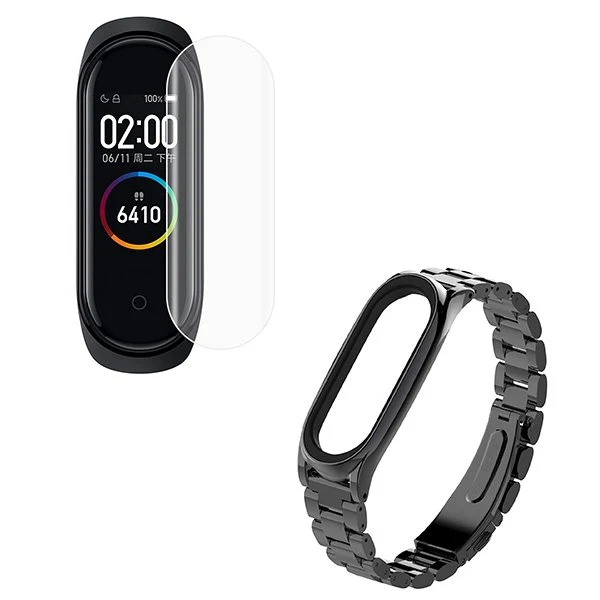 Kit Bracelete ço Stainless Lux + Ferramenta + Película Protectora Ecrã Gel Full Cover para Amazfit Band 5 - Preto