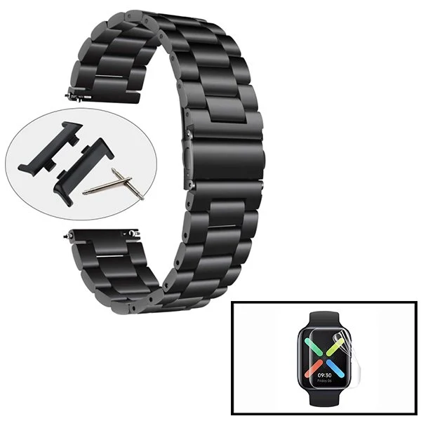 Kit Bracelete ço Stainless Lux + Ferramenta + Película Protectora Ecrã Gel Full Cover para Oppo Watch 46mm - Preto