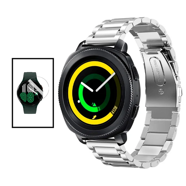 Kit Bracelete ço Stainless Lux + Ferramenta + Película de Gel Full Cover para Realme Watch 2 - Cinza / Transparente