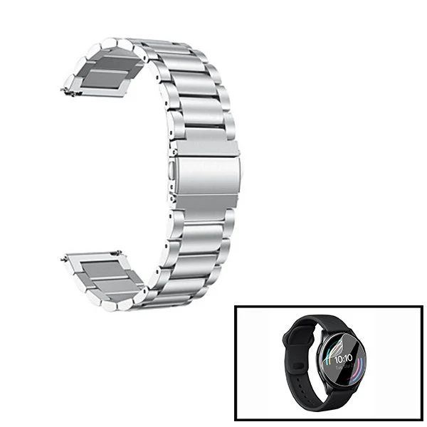 Kit Bracelete ço Stainless Lux + Ferramenta + Película Protectora Ecrã Gel Full Cover para OnePlus Watch - Cinza
