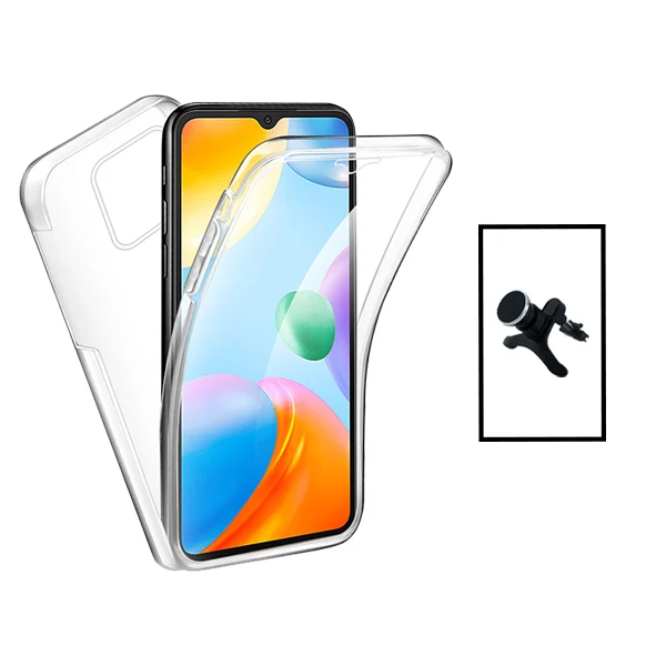 Kit Capa 3x1 360° Impact Protection + Suporte Magnético de Carro Reforçado para Xiaomi Redmi 10C - Transparente/Branco