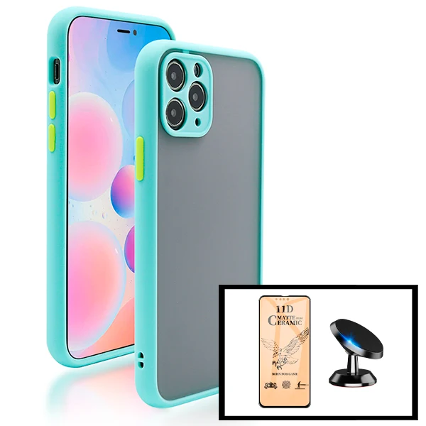 Kit Capa Anti Choque Camera Protection + Película CeramicGlass + Suporte Magnético de Carro para Apple iPhone 13 Pro - Azu...