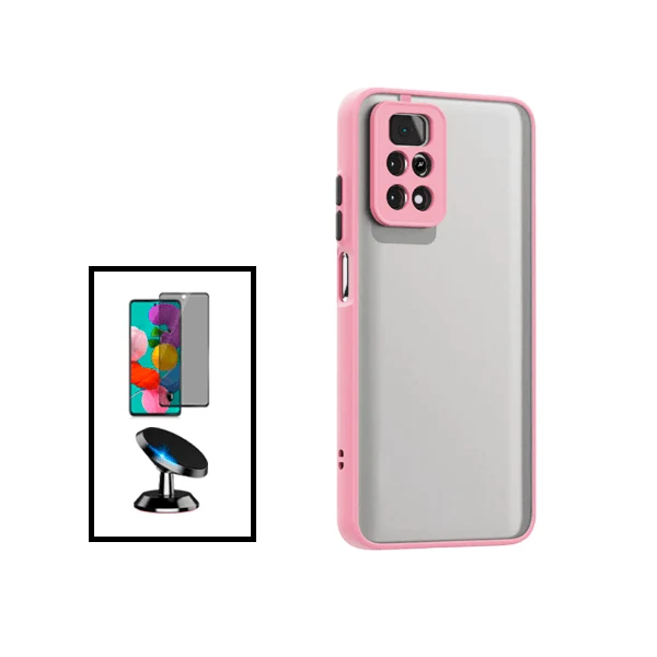 Kit Capa Anti Choque Camera Protection + Película 5D Anti-Spy + Suporte Magnético de Carro para Xiaomi Redmi Note 11S - Rosa