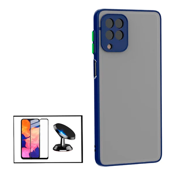 Kit Capa Anti Choque Camera Protection + Película 5D Full Cover + Suporte Magnético de Carro para Samsung Galaxy A12 - Azul