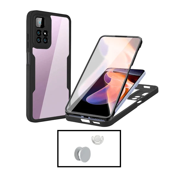 Kit Capa Anti-Crash 360 Protection + 1 GripHolder + 1 Suporte GripHolder Branco para Xiaomi Redmi Note 11E Pro - Preto