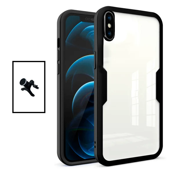 Kit Capa Anti-Crash 360 Protection + Suporte Magnético de Carro Reforçado para Apple iPhone X / XS - Preto