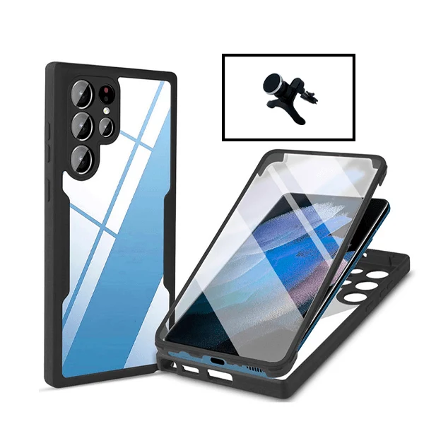 Kit Capa Anti-Crash 360 Protection + Suporte Magnético de Carro Reforçado para Samsung Galaxy S21 Ultra - Preto