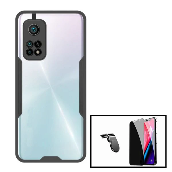 Kit Capa Anti-Impact Clear Armor + Película 5D Anti-Spy Full Cover + Suporte Magnético L Safe Driving para Xiaomi Mi 10T 5G