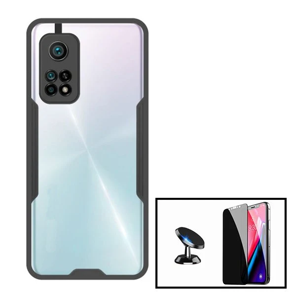 Kit Capa Anti-Impact Clear Armor + Película 5D Anti-Spy Full Cover + Suporte Magnético para Xiaomi Mi 10T 5G