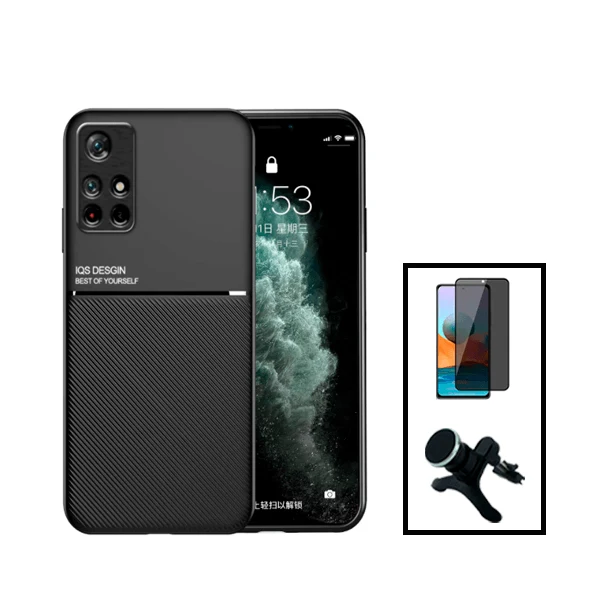 Kit Capa Magnetic Lux + Anti-Spy 5D Full Cover + Suporte Magnético de Carro Reforçado para Xiaomi Poco M4 Pro - Preto