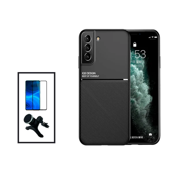 Kit Capa Magnetic Lux + 5D Full Cover + Suporte Magnético de Carro Reforçado para Samsung Galaxy S21 FE 5G - Preto