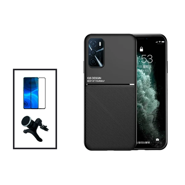 Kit Capa Magnetic Lux + 5D Full Cover + Suporte Magnético de Carro Reforçado para Oppo A16 - Preto