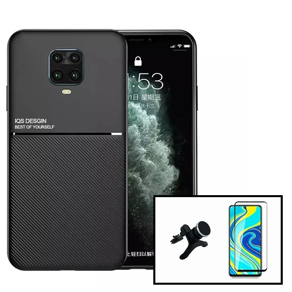 Kit Capa Magnetic Lux + 5D Full Cover + Suporte Magnético de Carro Reforçado para Xiaomi Redmi Note 9 Pro