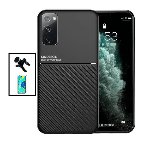 Kit Capa Magnetic Lux + 5D Full Cover + Suporte Magnético de Carro Reforçado para Samsung Galaxy S20 FE 2022 - Preto