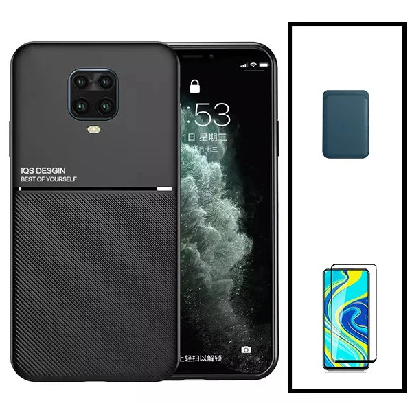 Kit Capa Magnetic Lux + Magnetic Wallet Azul + 5D Full Cover para Xiaomi Redmi Note 9 Pro Max