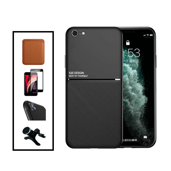 Kit Capa Magnetic Lux + Magnetic Wallet Castanho + 5D Full Cover + Película de Câmara Traseira + Suporte Magnético de Carr...